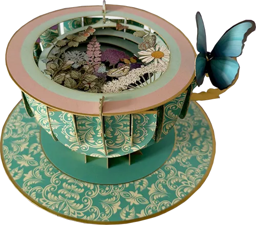 3D Teacup Butterfly Flowers Greeting Card 