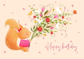 Squirrel Flowers Birthday Card