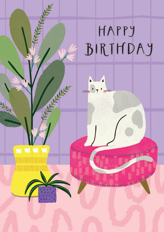 Cat and Plant Birthday Greeting Card