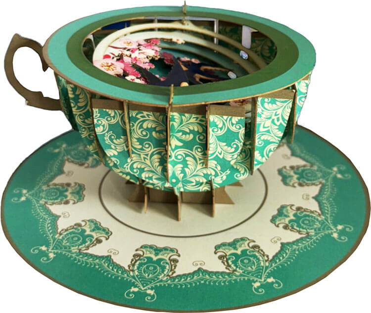 3D Teacup Sparrows Popup Greeting Card
