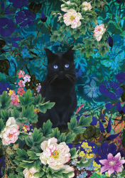 Black Cat With Flowers Blank Card