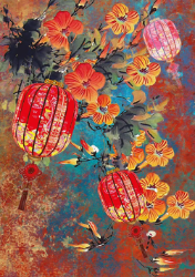 Lanterns Orange Flowers Blank Card