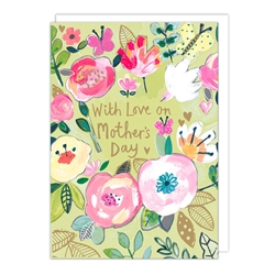 Pink Flowers on Green Mothers Day Card 