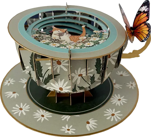 3D Popup Teacup Greeting Card Bfly Cats