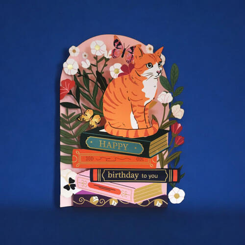 Diecut Cat Books Birthday Greeting Card