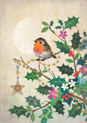 Robin Holly Branch Christmas Card