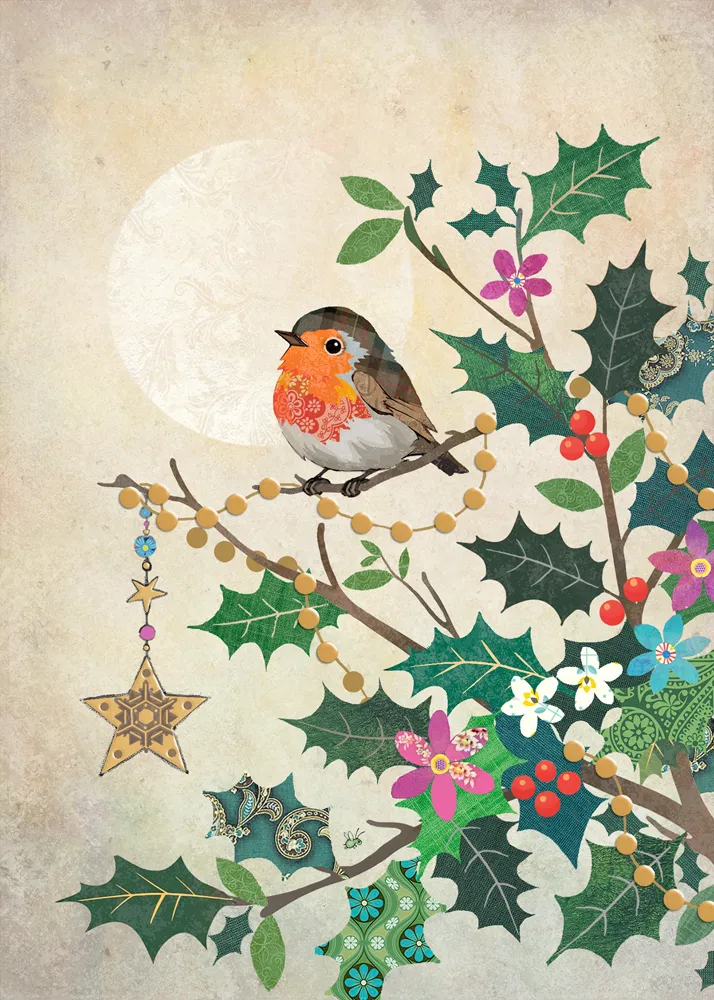Robin Holly Branch Christmas Card
