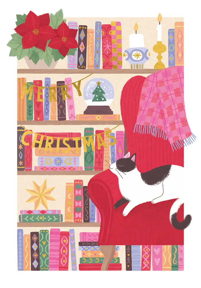 Cat & Books Christmas Card